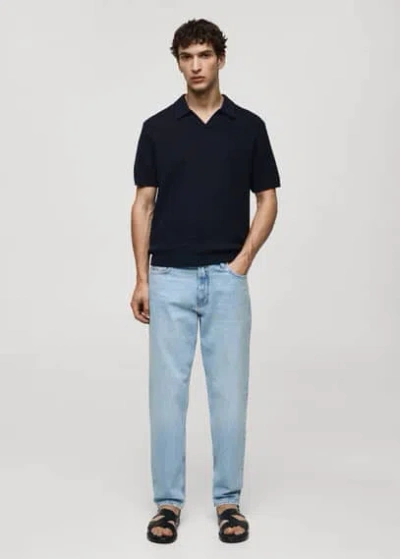 Mango Braided Knit Polo Shirt Dark Navy In Bleu Marine Foncé