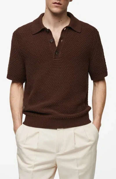 Mango Braided Knit Polo In Tobacco Brown