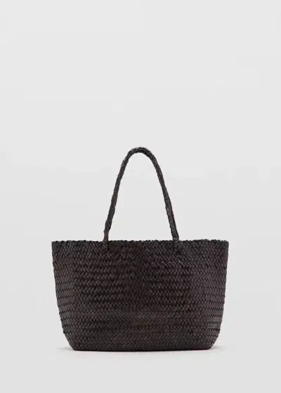Mango Braided Leather Shopper Bag In Chocolate