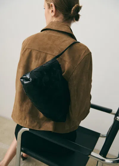 Mango Braided Leather Shoulder Bag Black