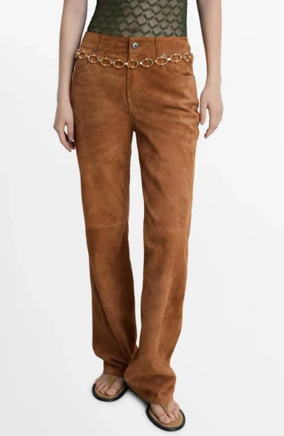 Mango Brooke Suede Straight Leg Pants In Medium Brown
