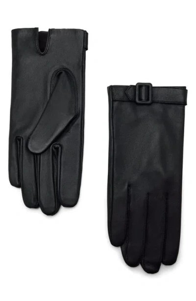 Mango Buckle Detail Leather Gloves In Black