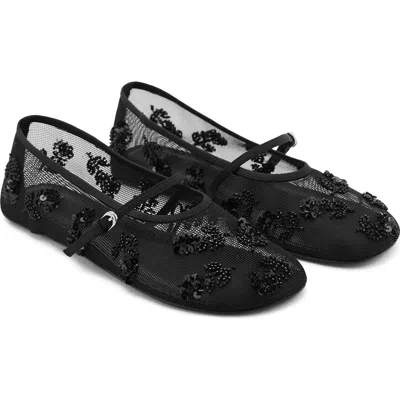 Mango Buckle Strap Floral Embellished Mesh Ballerina Flat In Black
