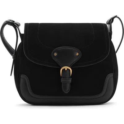 Mango Buckle Strap Suede & Leather Shoulder Bag In Black