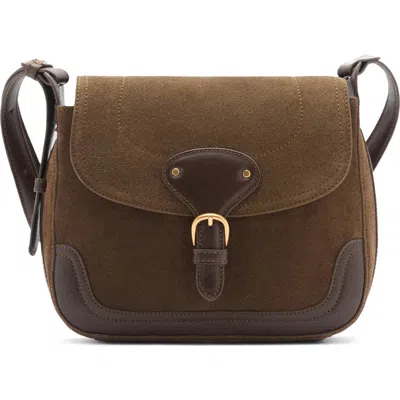 Mango Buckle Strap Suede & Leather Shoulder Bag In Khaki