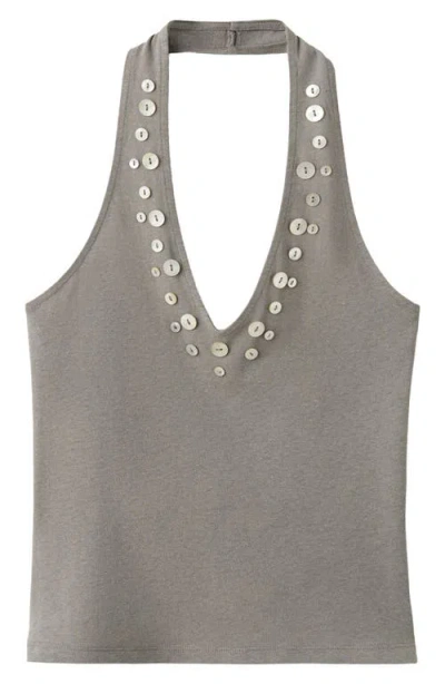 Mango Button Detail Knit Halter Top In Gray