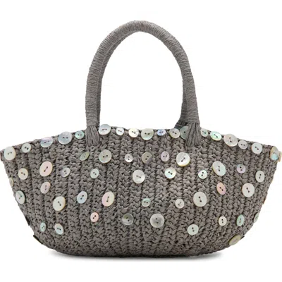 Mango Button Detail Natural Fiber Top Handle Bag In Gray