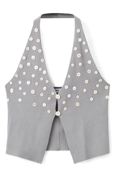 Mango Button Embellished Plunge Neck Halter Tank In Gray