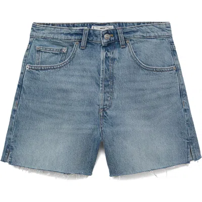 Mango Button Fly Fray Hem Denim Shorts In Blue