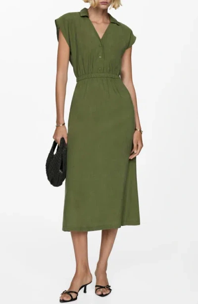 Mango Button Midi Dress In Forest Green