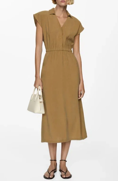 Mango Button Midi Dress In Medium Brown