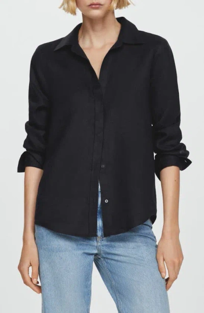 Mango Button-up Linen Shirt In Black