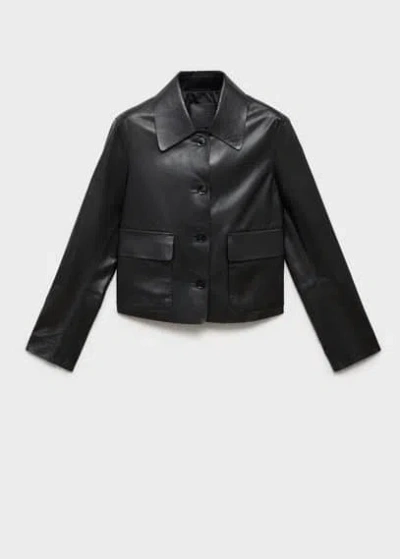 Mango Buttoned Leather Jacket Black