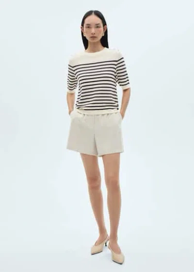 Mango Buttoned Striped T-shirt Natural In Naturel