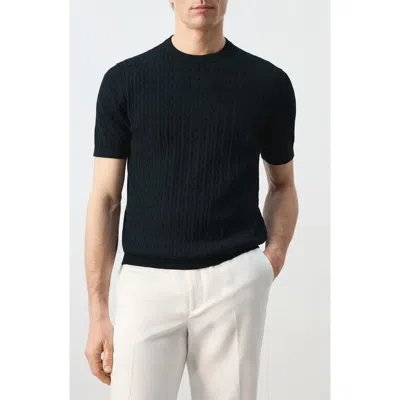 Mango Cable Stitch Short Sleeve Cotton Sweater In Blue