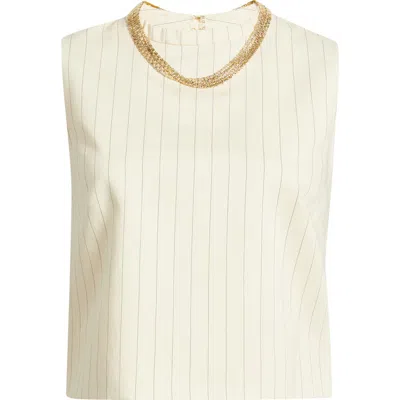 Mango Cadena Pinstripe Embellished Layered Necklace Top In White