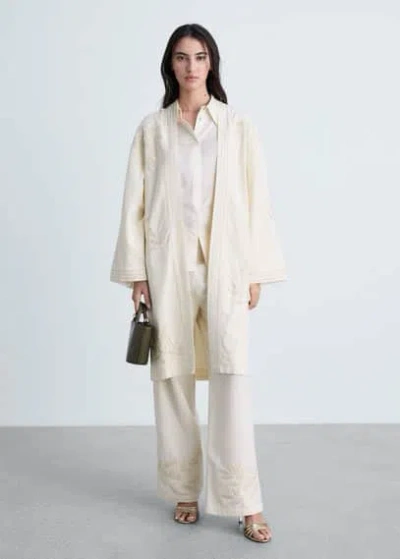 Mango Embroidered Cotton Caftan Off White In Blanc Cassé