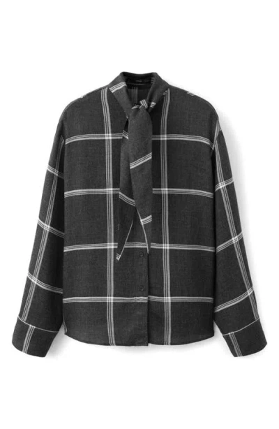 Mango Candy Windowpane Plaid Tie Neck Button-up Shirt In Black
