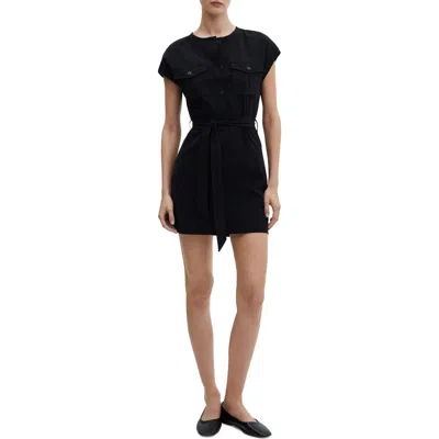 Mango Cap Sleeve Belted Minidress In Black