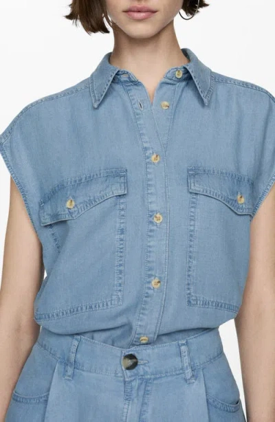 Mango Cap Sleeve Lyocell Button-up Shirt In Light Blue