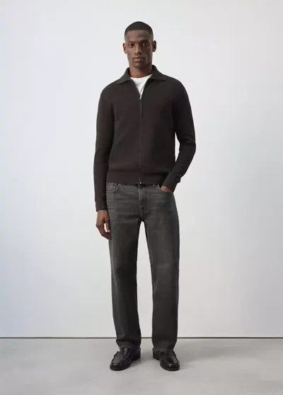 Mango Cardigan 100 % Coton Zippé In Chocolat