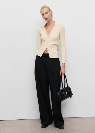Mango Cardigan À Revers Côtelés Écru - Femme - Xxl -  In Brown