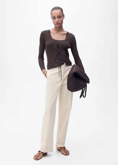 Mango Rib Tie Front Cotton Blend Cardigan In Brown