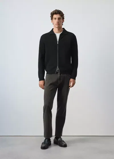 Mango Cardigan Côtelé En Mélange De Laine Et De Coton In Black