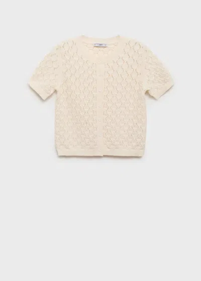 Mango Short Sleeve Openwork Knit Cardigan Ecru