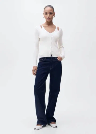 Mango Combined V-neck Knitted Cardigan Ecru