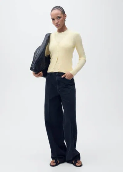 Mango V-neck Rib-knit Cardigan Pastel Yellow