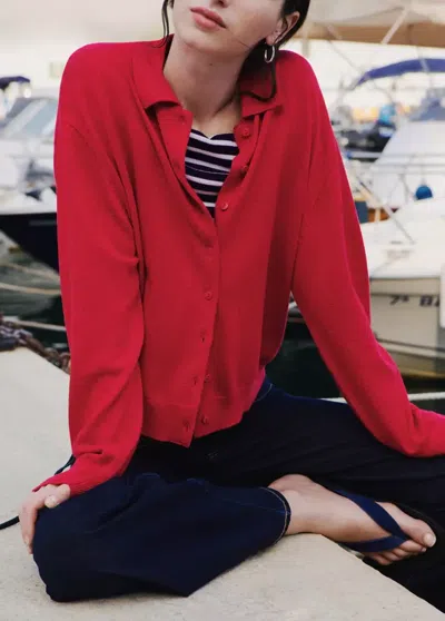 Mango Cardigan Maille Fine Col Polo In Red