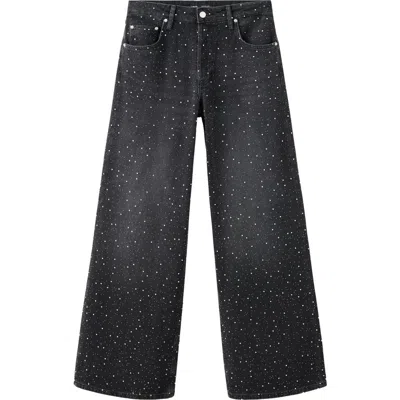 Mango Caribe Rhinestone Embellished Wide Leg Jeans In Black