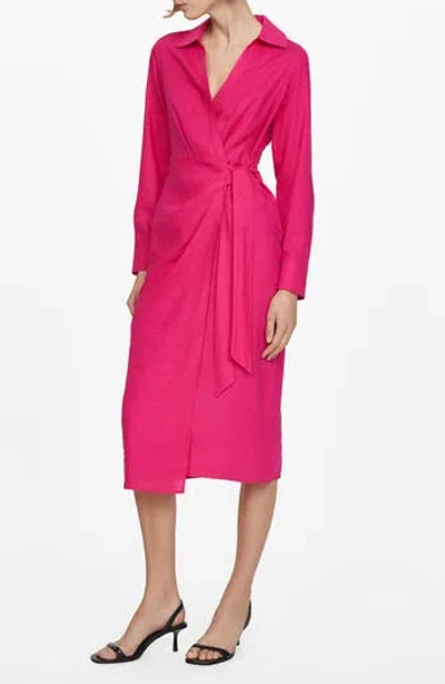 Mango Linen Shirt Dress With Bow Fuchsia In Bright Pink
