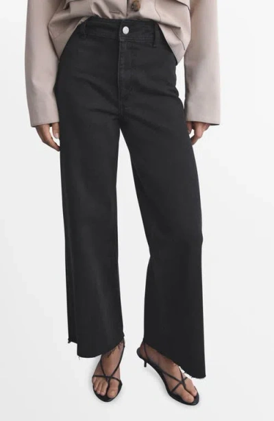 Mango Catherin Frayed High Waist Wide Leg Culotte Jeans In Black