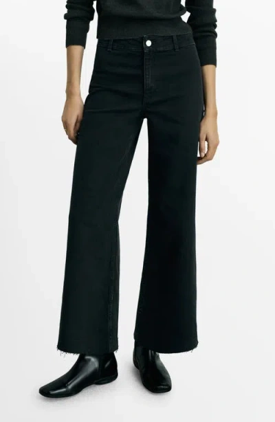 Mango Catherin Raw Hem High Waist Wide Leg Culotte Jeans In Black Denim