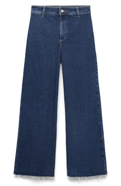 Mango Catherin Raw Hem High Waist Wide Leg Culotte Jeans In Dark Blue