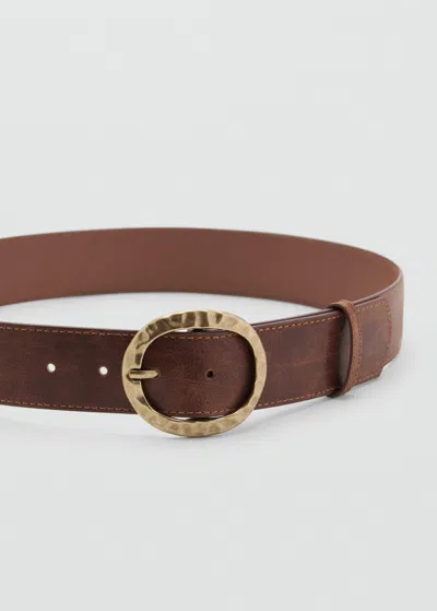 Mango Textured Belt With Round Buckle Brown