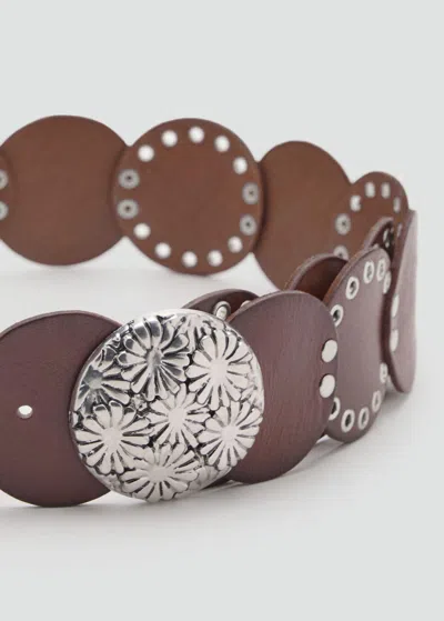 Mango Ceinture Cuir Rivets Marron - Femme - L -  In Brown