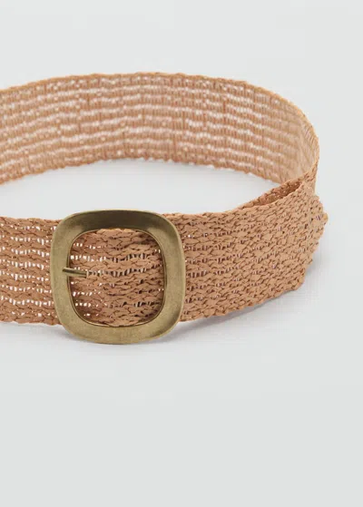 Mango Straw Paper Belt Oval Buckle Beige