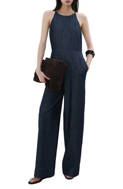 Mango Chambray Wide Leg Jumpsuit In Blue