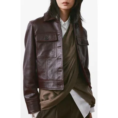 Mango Buttoned Leather Jacket Burgundy In Brown