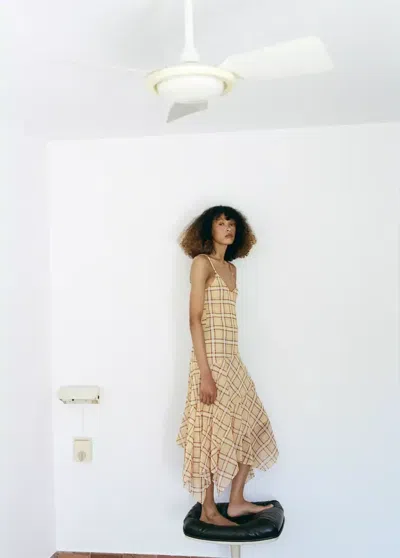 Mango Check Asymmetrical Dress In Pastel Yellow