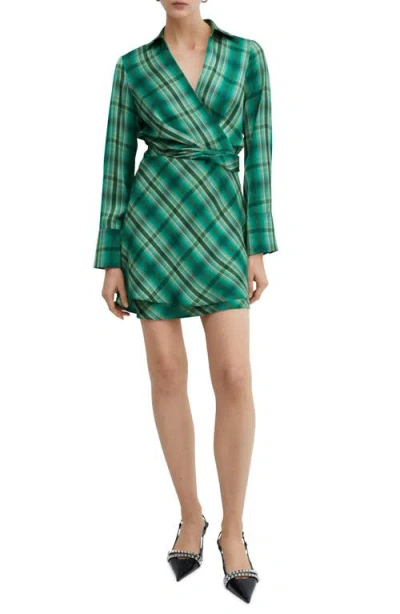 Mango Check Faux Wrap Shirtdress In Green