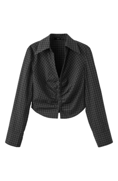 Mango Check Gathered Crop Cotton Top In Gray