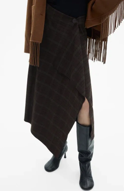 Mango Check Ruffle Skirt In Khaki Brown