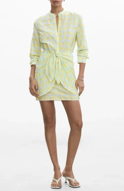 MANGO MANGO CHECK TIE FRONT LONG SLEEVE SHIRTDRESS