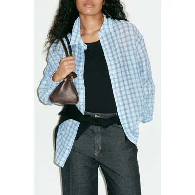 Mango Checked Textured Lyocell Shirt In Blue