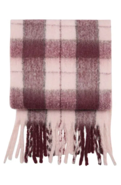 Mango Checkered Fringe Scarf In Burgundy