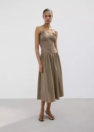 Mango Checkered Midi Dress With Ruched Detail In Brown